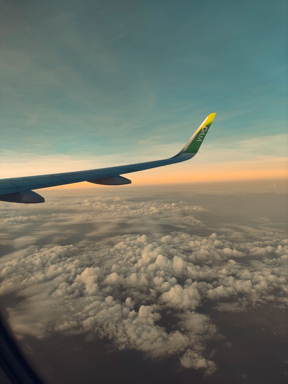 An aircraft wing above a field of cloud lit gold by the setting sun